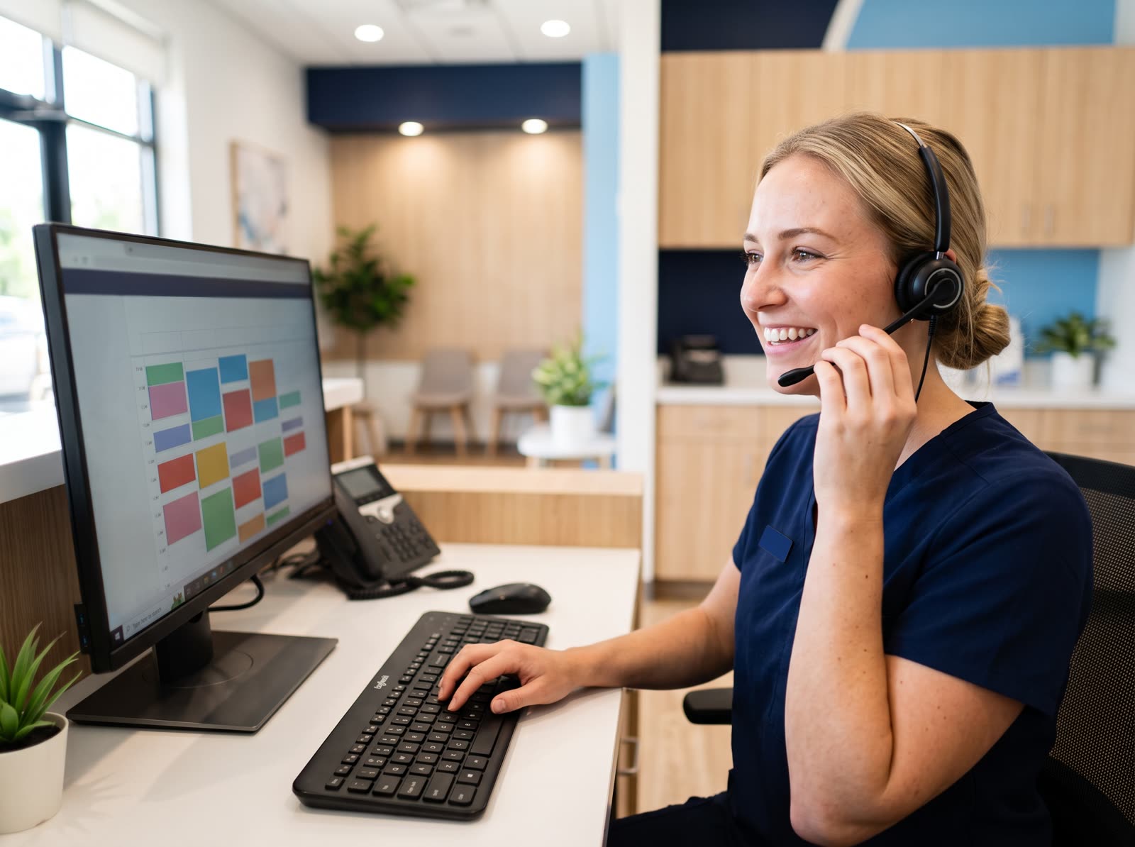 Dental front office agent answering a patient call
